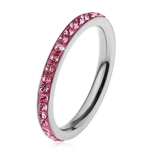 Prsten z chirurgické oceli stříbrné barvy, zářivé zirkonky v růžovém odstínu - Velikost: 49