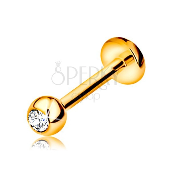 Zlatý 14K piercing do rtu a brady - labret s kuličkou se zirkonem a kolečkem, 8 mm