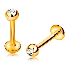 Zlatý 14K piercing do rtu a brady - labret s kuličkou se zirkonem a kolečkem, 8 mm