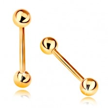 Piercing ze žlutého 14K zlata - barbell se dvěma lesklými kuličkami, 18 mm