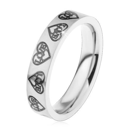 Prsten z oceli 316L, stříbrný odstín, srdíčka a nápis Love černé barvy - Velikost: 48