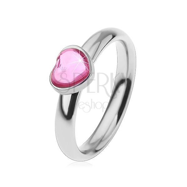 Ocelový prsten pro děti, blýskavé zirkonové srdíčko v růžovém odstínu