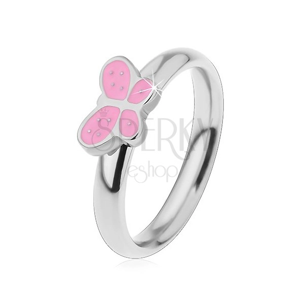 Dětský prsten z chirurgické oceli, stříbrný odstín, motýlek s růžovou glazurou