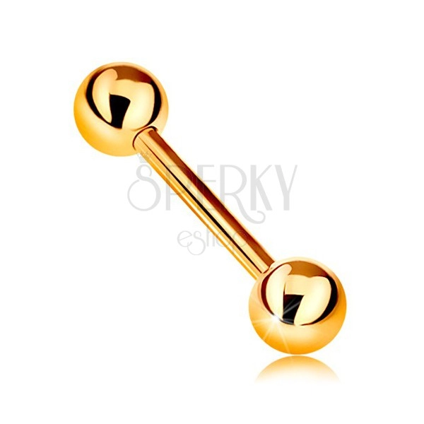 Zlatý 9K piercing - lesklý barbell se dvěma lesklými kuličkami, žluté zlato, 12 mm