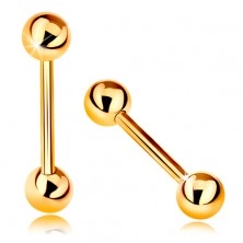Zlatý 9K piercing - lesklý barbell se dvěma lesklými kuličkami, žluté zlato, 12 mm