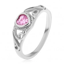 Dětský prsten z oceli 316L, růžové zirkonové srdíčko, rozdělená ramena s ornamenty
