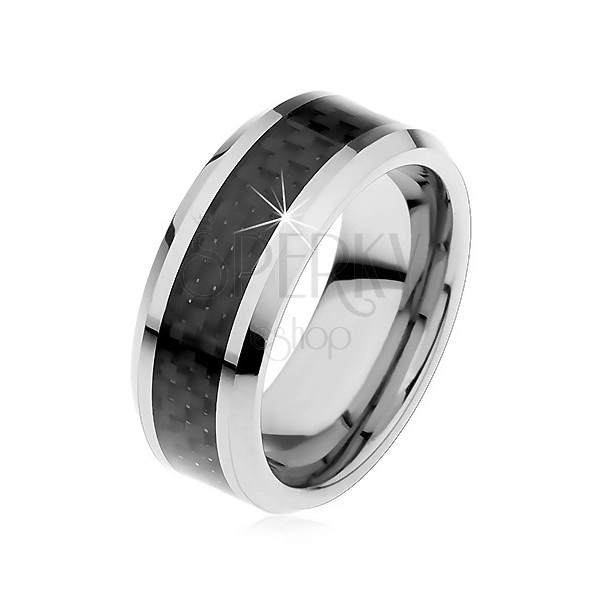 Wolframový prstýnek stříbrné barvy, středový pás z černých vláken, 8 mm