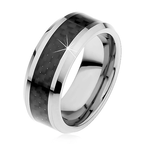 Wolframový prstýnek stříbrné barvy, středový pás z černých vláken, 8 mm - Velikost: 52