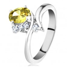 Třpytivý prsten ve stříbrném odstínu, oválný zirkon ve žluté barvě