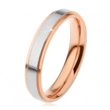 Lesklý ocelový prsten, vyvýšený pás stříbrné barvy a měděné okraje, 4 mm