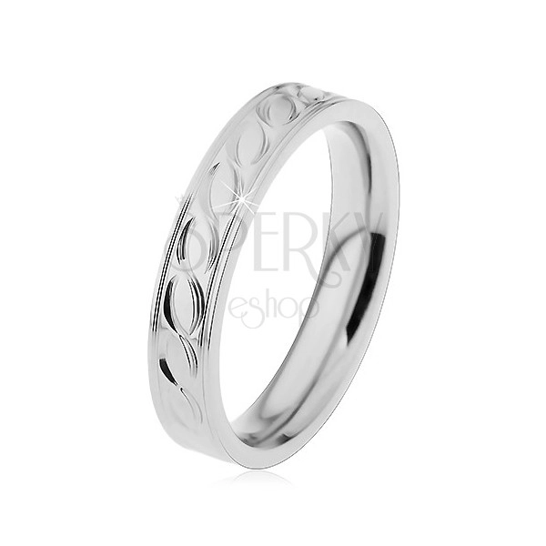 Ocelový prsten ve stříbrném odstínu, gravírovaný motiv vlnek, 4 mm