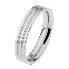 Lesklý prsten z oceli 316L stříbrné barvy, dva podélné zářezy, 4 mm
