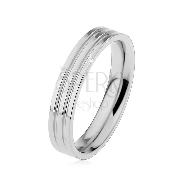 Lesklý prsten z oceli 316L stříbrné barvy, dva podélné zářezy, 4 mm