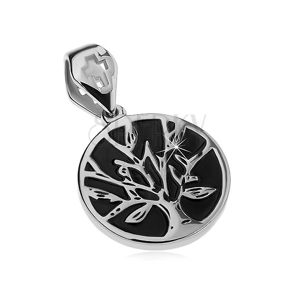 Ocelový přívěsek stříbrné barvy, černý kruh se stromem života, vyřezaný kříž