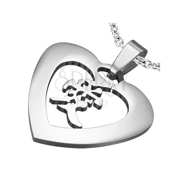 Ocelový přívěsek stříbrné barvy - srdce s čínským znakem "láska"