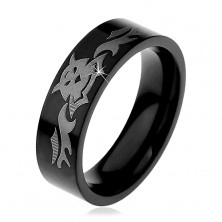 Ocelový prsten, lesklý černý povrch s motivem s netopíry, 6 mm