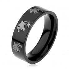 Černý ocelový prsten, potisk s vlky stříbrné barvy, 6 mm