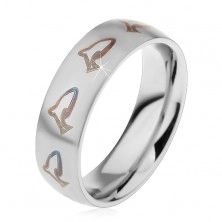 Matný prsten z chirurgické oceli, hnědočerné kontury delfínů, 6 mm