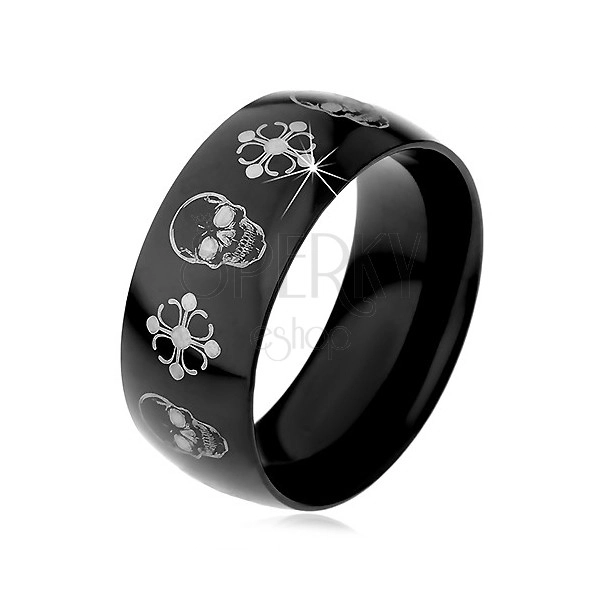 Černý ocelový prsten, lebky a kříže stříbrné barvy, 9 mm