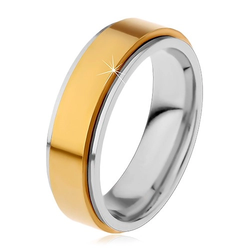 Prsten z chirurgické oceli, vyvýšený otáčivý pás zlaté barvy, úzké okraje - Velikost: 62
