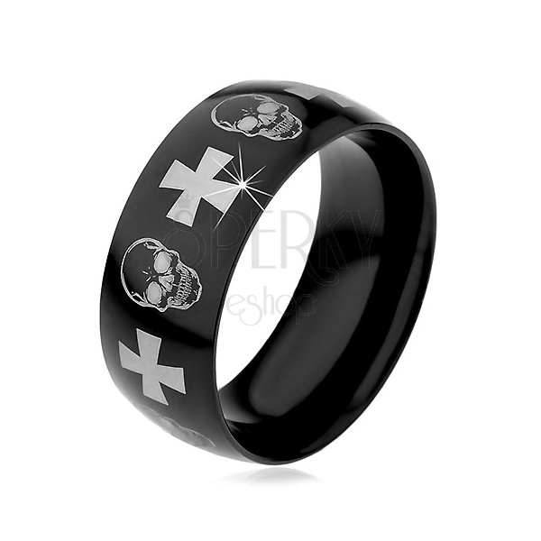 Ocelový prsten s černým povrchem, lebky a kříže stříbrné barvy, 9 mm