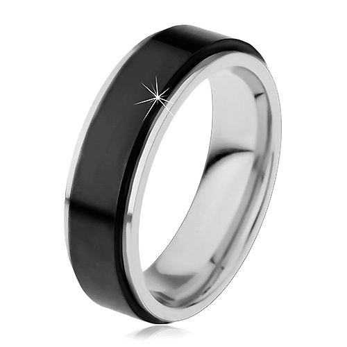 Prsten z chirurgické oceli, vyvýšený otáčivý pás černé barvy, úzké okraje, 8 mm - Velikost: 62