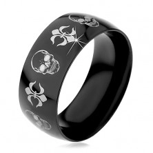 Černý ocelový prsten, lebky a symboly Fleur de Lis stříbrné barvy, 9 mm