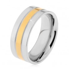 Prsten z oceli 316L stříbrno-zlaté barvy - tři lesklé pruhy, 8 mm