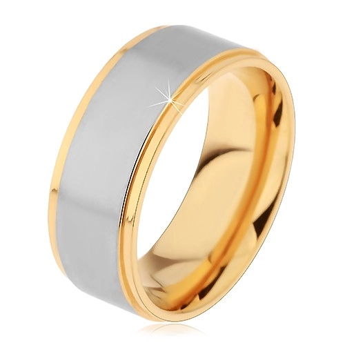 Dvoubarevný prsten z chirurgické oceli, vyvýšený matný pás stříbrné barvy - Velikost: 65