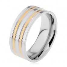 Ocelový prsten stříbrné barvy s vyvýšenými pásy ve zlatém odstínu, 8 mm