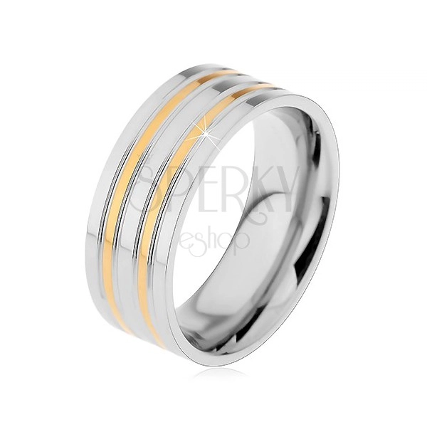 Ocelový prsten stříbrné barvy s vyvýšenými pásy ve zlatém odstínu, 8 mm