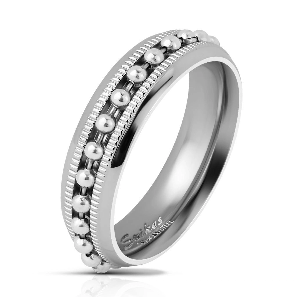 Lesklý ocelový prsten stříbrné barvy, kuličkový řetízek, vroubkované linie, 6 mm - Velikost: 55