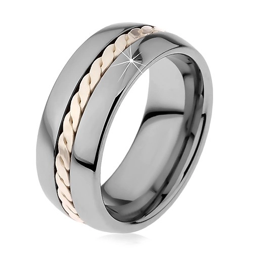Lesklý prsten z wolframu s pleteným vzorem stříbrné barvy, 8 mm - Velikost: 70
