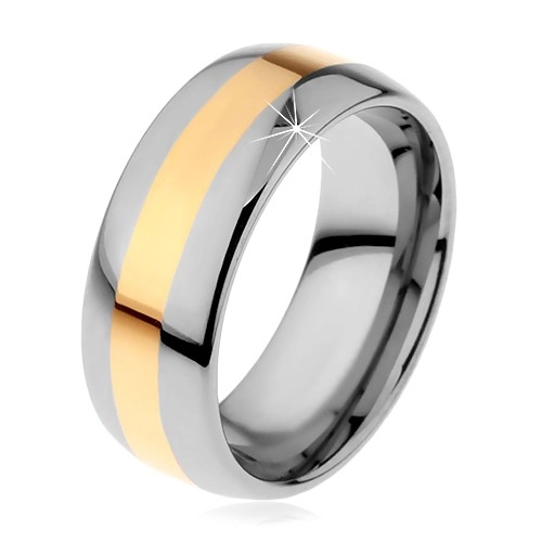 Wolframový prsten v dvoubarevném provedení - proužek zlaté barvy, 8 mm - Velikost: 70