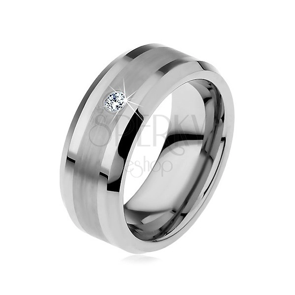Wolframový prsten s matným středovým pásem a čirým zirkonem, 8 mm