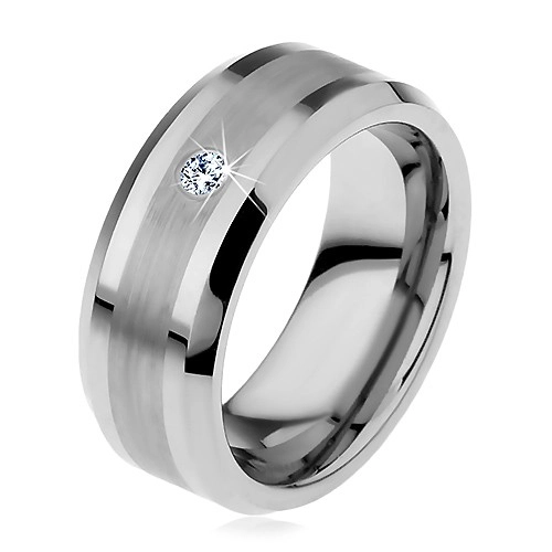 Wolframový prsten s matným středovým pásem a čirým zirkonem, 8 mm - Velikost: 54