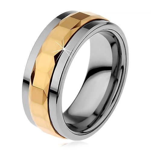 Prsten z wolframu, stříbrná a zlatá barva, otáčivý středový pás se čtverci, 8 mm - Velikost: 62