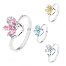 Prsten stříbrné barvy, poloviční barevný květ ze zirkonů, zvlněná ramena