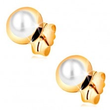 Náušnice ve žlutém 14K zlatě - bílá perla vložená v malém lesklém kruhu