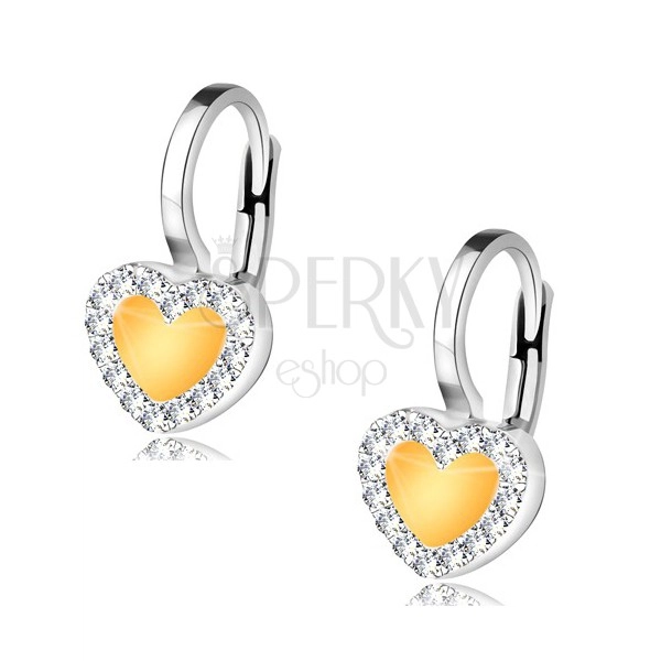 Zlaté dvoubarevné náušnice 585 - symetrické lesklé srdce, zirkonový obrys