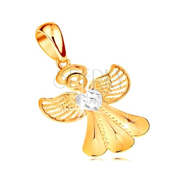 Dvoubarevný přívěsek ze 14K zlata - lesklý anděl s filigránovými křídly a srdíčkem