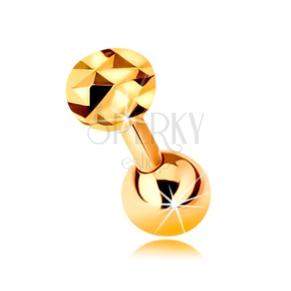 Zlatý 14K piercing do ucha - lesklá rovná činka s kuličkou a broušeným kolečkem, 5 mm