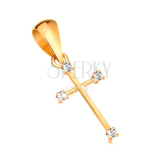 Zlatý přívěsek 585 - blýskavý křížek s úzkými rameny a s čirými brilianty