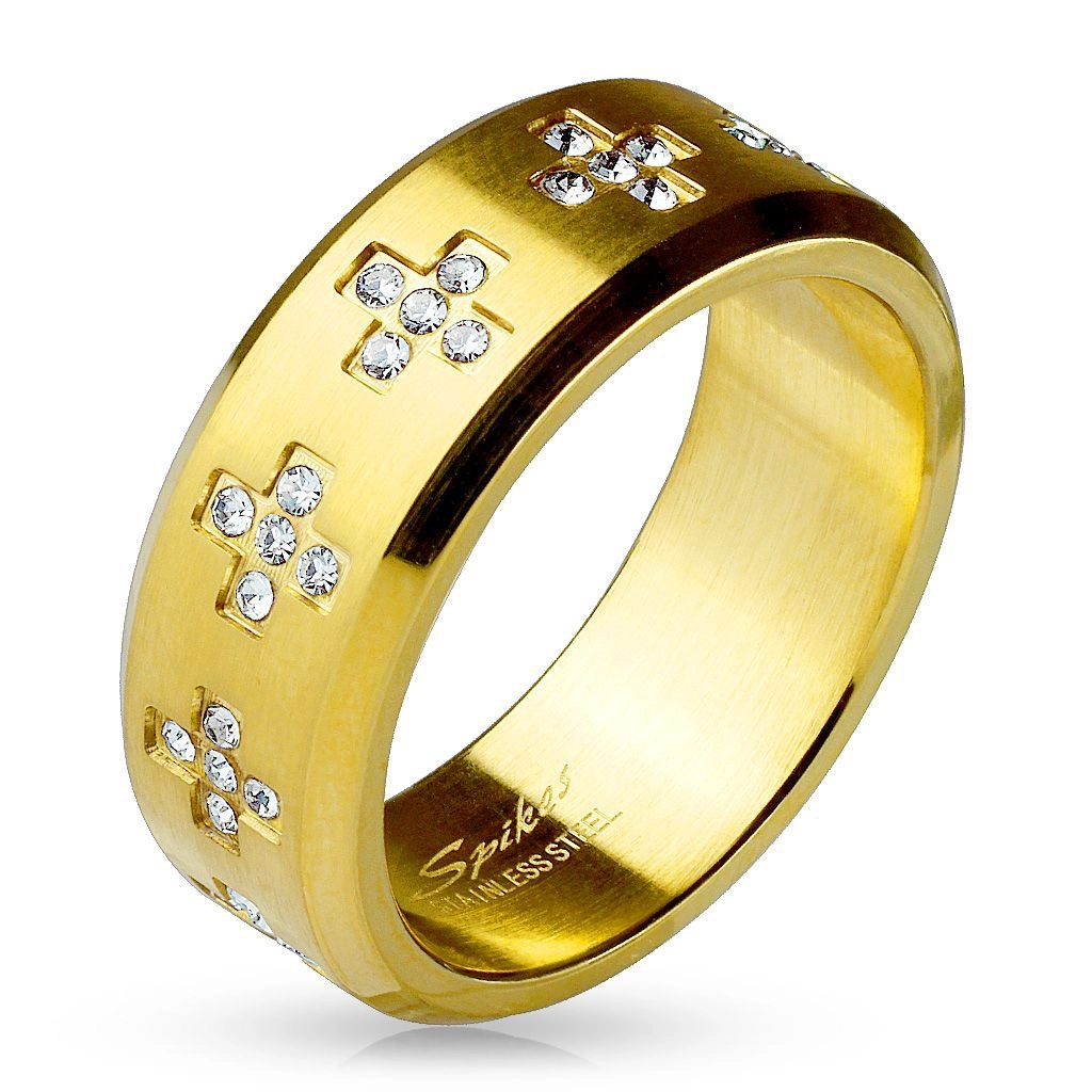 Prsten z oceli 316L zlaté barvy, čiré zirkonové křížky po obvodu, 8 mm - Velikost: 66