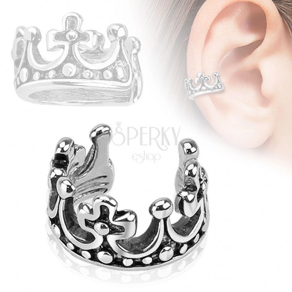 Falešný rhodiovaný piercing do ucha, kruhová královská koruna, černá patina