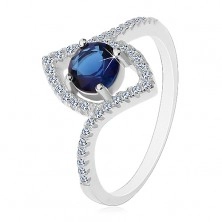 Stříbrný prsten 925, tmavomodrý kulatý zirkon, obrys špičatého zrnka