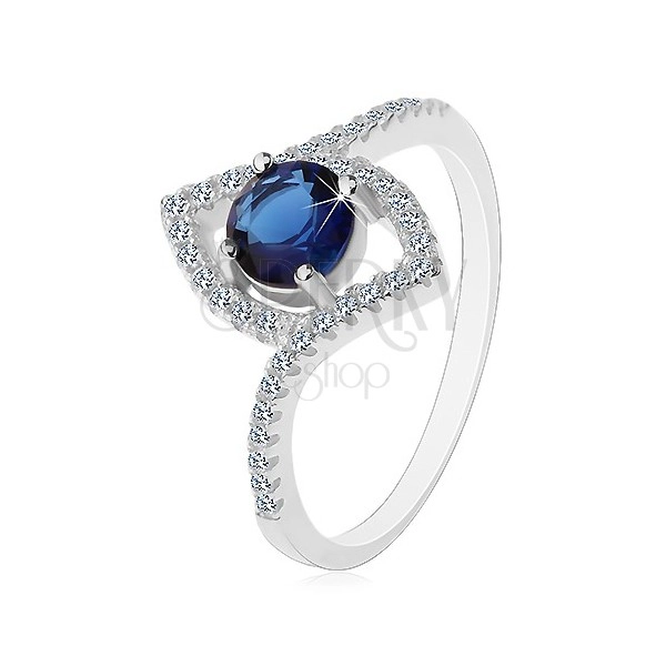 Stříbrný prsten 925, tmavomodrý kulatý zirkon, obrys špičatého zrnka