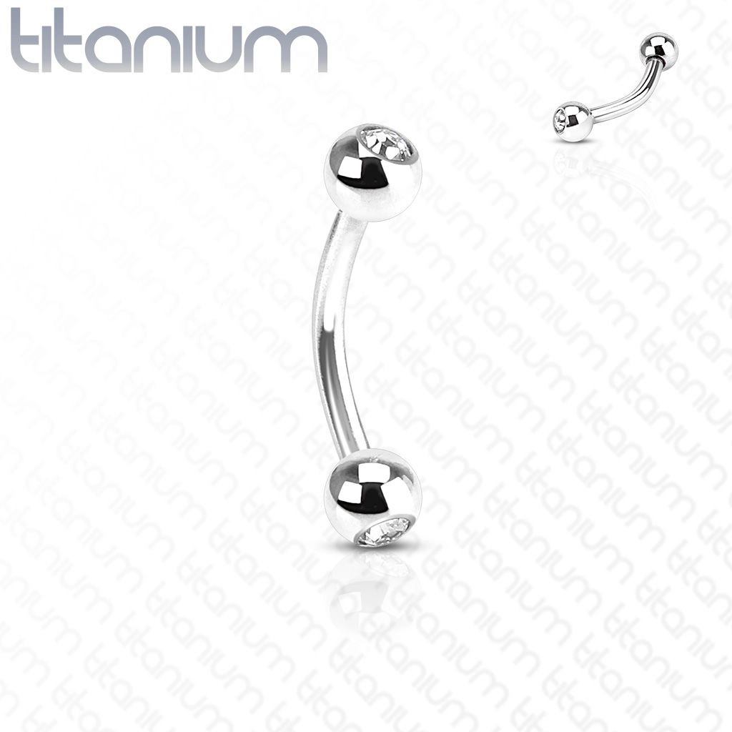 Titanový piercing stříbrné barvy, zahnutá činka a kuličky s čirými zirkony - Rozměr: 1,2 mm x 12 mm x 3 mm