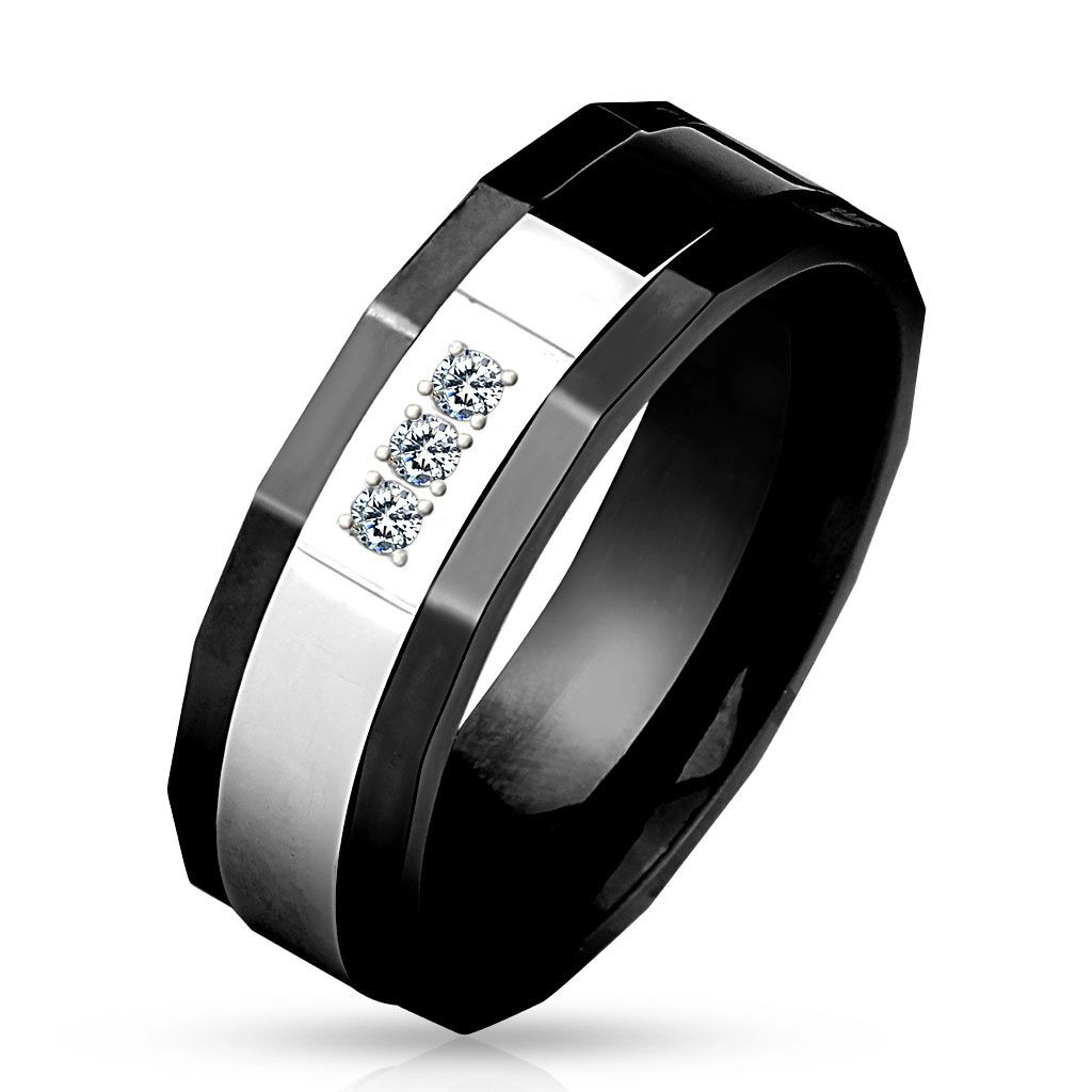 Prsten z chirurgické oceli, černá a stříbrná barva, tři čiré zirkony, 8 mm - Velikost: 59