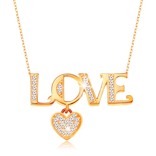 Blýskavý zlatý náhrdelník 375 - řetízek z oválných oček, nápis LOVE a srdíčko